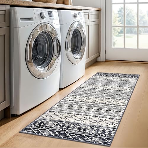 KUTA Moroccan Washable Runner Rugs 2x5, Non-Slip Vintage Black Navy Blue Boho Hallway Kitchen Rugs Ultra Soft Geometric Floor Carpet Runners for Bedroom Laundry Living Room - color: Beige/Black Navy Blue, size: 2' x 5' (Runner)