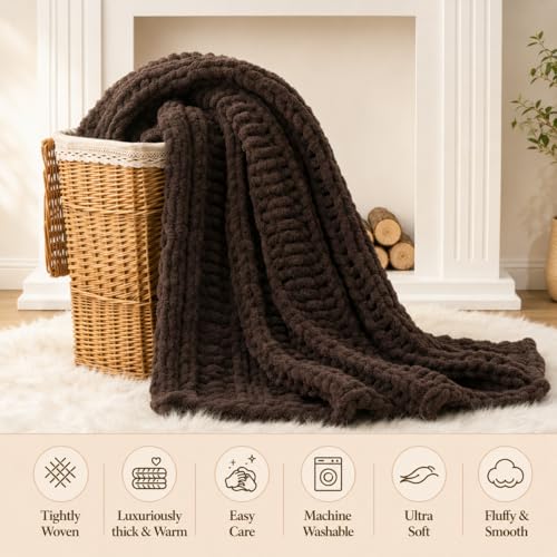 Battilo Chunky Knit Throw Blanket for Couch, Hand Made Chenille Throw Blanket, Super Soft Warm Cozy Brown Blanket for Bed, Sofa, Living Room, 50"x60" - color: Brown