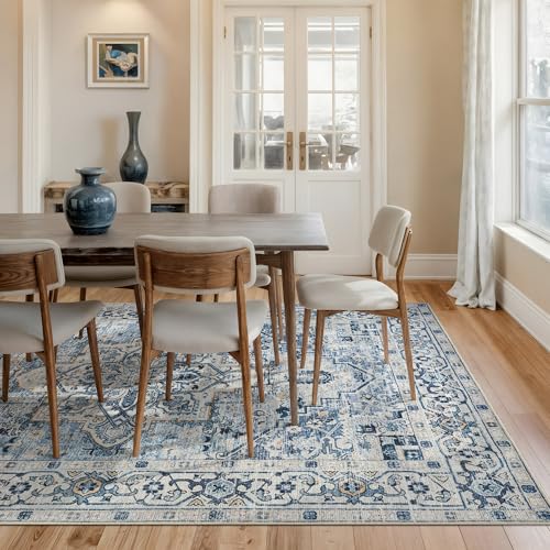 Bloom Rugs Caria Washable Non-Slip 8x10 Rug - Blue Traditional Area Rug for Living Room, Bedroom, Dining Room, and Kitchen - Exact Size: 7'8" x 10' - color: Blue, size: 8' x 10' (Rectangular)