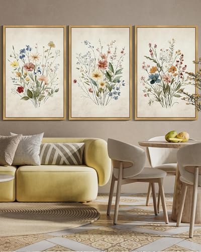 Drsoum Vintage Flower Bouquet Framed Retro Wildflower Botanical Pictures Prints Modern Colorful Floral Rustic Artwork Bedroom Living Room Ready to Hang 24x36in Natural Framed - color: Green Plants Prints, size: 36L" x 24W", Natural Framed