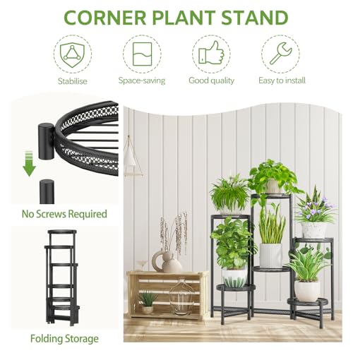 iDavosic.ly 6 Tier Large Plant Stand Indoor with 10-Inch Wide Drainage Tray, Tiered Corner Metal Outdoor Flower Display Holder Shelf, Folding Tall Rack for Patio Porch Balcony, Black Iron Carving - color: Black Openwork (with Drainage), size: 6 Tiers