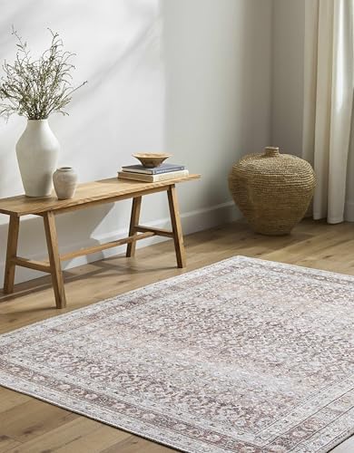 Hauteloom Tosca Machine Washable Area Rug - Floral Border Distressed Geometric Faded - Traditional Oriental Turkish Transitional Oushak - Dark Red, Beige, Cream, Blush, Gray - 2' x 2'11" - color: Brown, Beige, Cream / Tosca, size: 1'11" x 2'11" (Rectangul