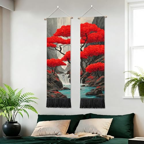 seewan 2 Pack Long Vertical Wall Tapestry, Boho Nature Landscape & Floral Aesthetic Wall Hanging for Bedroom Living Room Home Decor, Long Narrow Art Tapestry with Sunrise Mountain Botanical Designs, 13" × 51" (Scarlet Maple Scene, 13"Wx51"H, Unframed) - c