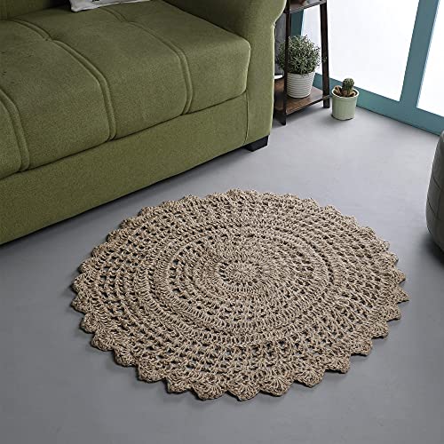 Jute Hand Crochet Rug, Natural - 3 Feet Round, Non Slip Decorative Small Area Rugs for Bedroom, Kitchen, Living Room, Nursery | Farmhouse Accent Scalloped Rustic Door Mat for Patio Décor - color: Natural, size: 3' (Round)