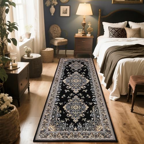 HOMORE Vintage Runner Rug-2x6 Hallway Runner Rug for Entryway Non Slip Washable Bedroom Rug Faux Wool Low Pile Floor Carpet Runner for Kitchen Indoor Front Entrance Laundry Living Room Dorm, Black - color: Black, size: 2' x 6' (Rectangular)