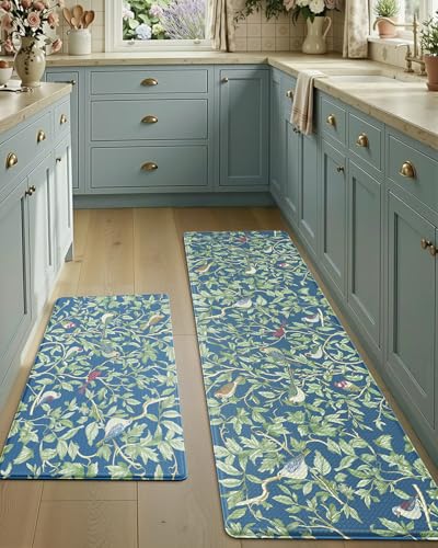 LUMI Anti-Fatigue Kitchen Floor Mats Set of 2,Cushioned Comfort Standing Rug Waterproof 2PCS, Non-Slip Ergonomic Foam Runner for Sink, Laundry, Office & Home,17x29+17x59, - color: Blue Floral, size: 59"L x 17"W x 0.4"Th + 30"L x 17"W x 0.4"Th