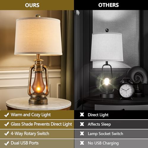 25" Set of 2 Rustic Lantern Table Lamps for Living Room Bedroom, 2 USB Ports Farmhouse Vintage Bedside Desk Lamp Nightlight for Entryway Office End Table, 4 Bulbs Included - color: Brass Color - 25'' Lantern Lamps