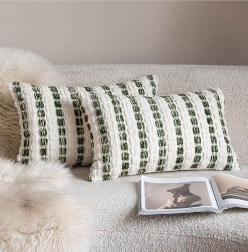 Caflife Boho Lumbar Throw Pillow Covers 12x20 Inch Set of 2, Farmhouse Green Striped Textured Chenille Decorative Couch Pillow Cases, Rustic Accent Cushion Covers for Sofa Bed Living Room Bedroom - color: Green, size: 20" x 12" (Pack of 2)