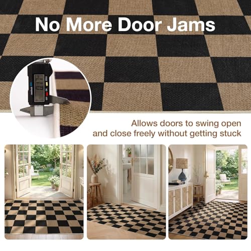 Sasttie Checkered Jute-Look Entryway Rug, 3x5 Washable Rug Front Door Mat, Non-Slip Neutral Farmhouse Throw Rugs for High Traffic Indoor & Outdoor, Natural/Black - color: Black & Natural, size: 3' x 5' (Rectangular)