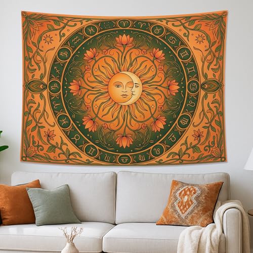 Water Lily and Sun Orange Green Tapestry, Floral Mandala Bohemian Decorative Wall Hanging, Aesthetic Tapestries for Living Room, Bedroom, Meditation 80x60 Inch - size: 80x60 Inch