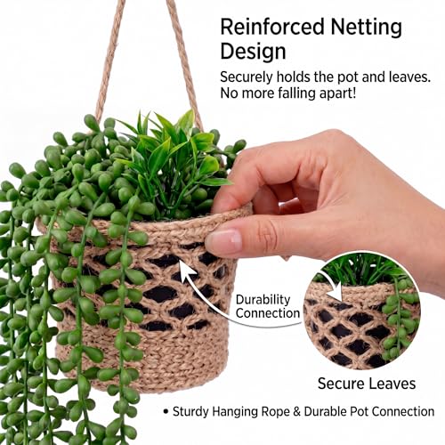 Giegxin 10 Set Fake Hanging Plant with Macrame Basket Summer Mini Artificial Macrame Plant Hanger with Woven Basket and Butterfly Ivy Faux Vines Eucalyptus Leaf for Indoor Home Wall Shelf Decor