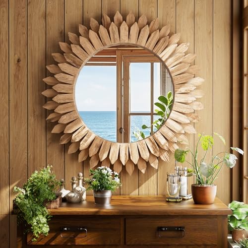 Boho Wood Sunburst Round Wall Mirror, 24 Inch Rustic Circle Wooden Frame Decorative Mirror for Farmhouse Coastal Home, Home Wall Decor for Living Room Entryway Bedroom, Light Wood - color: Brown, size: 24"L x 24"W