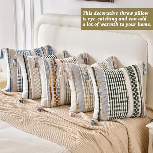 AmHoo Chenille Striped Textured Boho Throw Pillow Covers Aesthetic with Tassels Woven Decorative Pillow Case for Couch Bed Sofa Bedroom Modern Funky 18 x 18-Inch Grey - color: Grey, size: 18" x 18" (Pack of 1)