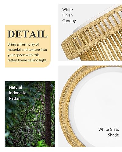 Boho Light Fixtures Ceiling 15W LED, HWH 13'' Woven Rattan Flush Mount Ceiling Light, Handwoven Twine Cage Light Fixtures 5CCT, 5HYS78F-LED - color: Beige, size: 13 Inch