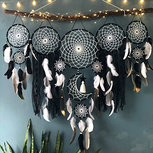 Set of 5 Boho, Hanging Large Boho Dream Catcher Macrame Wall Hanging Moon Dream Catcher Set Dream Catchers Wall Decor for Vintage Wedding Home Decorations (Black) - color: Black
