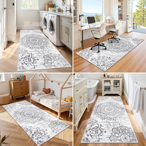 HEBE Washable Area Rug - 3'x6' Non Slip Soft Distressed Medallion Bedroom & Living Room Accent Throw Vintage Entry Floor Carpet for Dining Room & Bathroom Entryway - color: Grey, size: 3' x 6' (Rectangular)