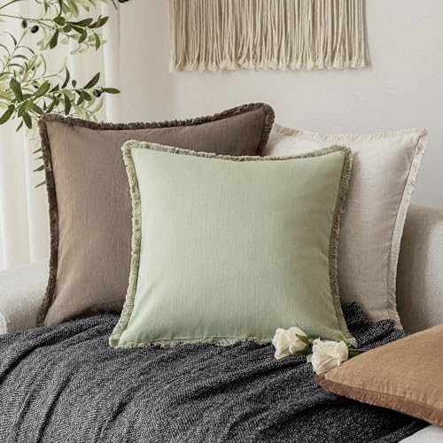 Foindtower Set of 2 Decorative Linen Fringe Throw Pillow Covers Boho Farmhouse Cushion Cover with Tassels Soft Accent Pillowcase for Couch Sofa Bed Living Room Home Decor,16×16 Inch,Light Sage Green - color: Seeding Green, size: 16" x 16" (Pack of 2)