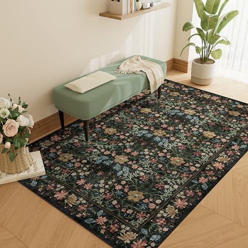 DUKINO 3x5 Area Rug, Vintage Floral Washable Rug for Bedroom with Non Slip Design, Soft Low Pile Indoor Small Carpet for Bedroom, Farmhouse, Living Room, Office, Bathroom, Black - color: Black, size: 3' x 5' (Rectangular)