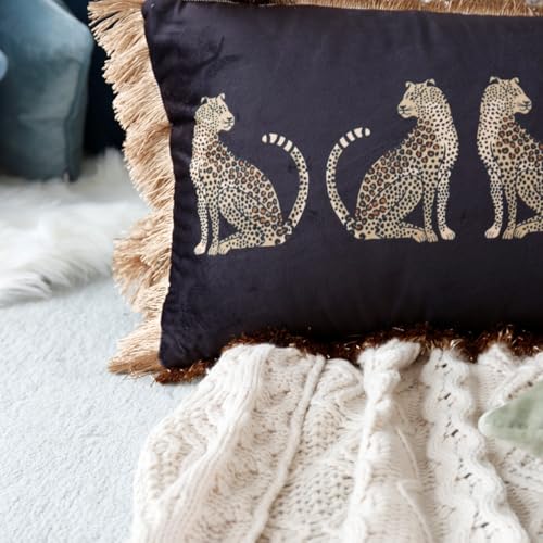 Lumbar Decorative Throw Pillow Cover with Tassels Leopard Pattern Cushion Cover Luxury Style Soft Velvet Pillowcase for Sofa Couch Bedroom (12"x20",Black) - color: Black, size: 20" x 12" (Pack of 1)