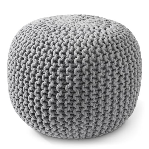 Casafield Round Pouf Ottoman, Light Gray - 20" Diameter x 14.5" High Cotton Knit Foot Stool - Boho Floor Pouffe for Living Room, Bedroom, Home Office - color: Light Gray, size: 20"D x 20"W x 14.5"H