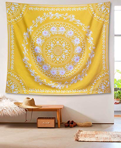 Lifeel Yellow Bohemian Tapestry Wall Hanging, Mandala Floral Medallion Hippie Tapestry with White Aesthetic Wreath Design, Gold Wall Decor Blanket for Bedroom Home Dorm,Large 68×80 inches - color: Yellow, size: 80"L x 68"W