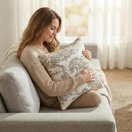Mantle & Mason Floral 18x18 Throw Pillow Covers Set of 2, French Vintage Woven Jacquard Decorative Accent Pillow Cases for Couch, 430GSM Thick Chenille & Luxury Velvet, Beige - color: Tree Pattern Beige, size: 18" x 18" (Pack of 2)