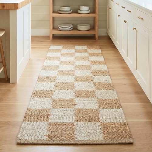 Mesa White & Tan Checkered Runner Rug 2x6' - Dense & Thick Premium Handmade Natural Fiber Rugs for Entryway and Hallway, Reversible, Lays Flat, Won't Fray or Shed - color: Mesa, size: 2' x 6' (Rectangular)