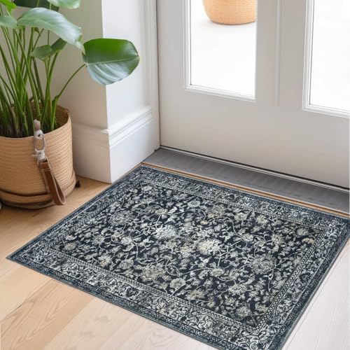 KILOCOCO Moroccan Small Area Rug 2x3 Entryway Rugs Printed Vintage Floral Washable Rug Non-Slip Kitchen Rug Indoor Door Mat, Accent Throw Small Rugs for Laundry Room Bedroom Entrance, Navy/Charcoal - color: Charcoal/Navy, size: 2' x 3' (Rectangular)