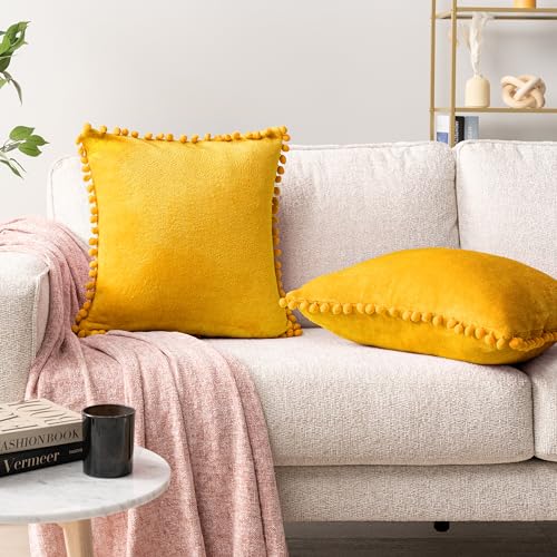 PAVILIA Mustard Yellow Throw Pillow Covers with Pom Pom 18x18 Set of 2, Decorative Pillow Cases for Bedroom Aesthetic, Small Throw Pillows Set for Bed, Velvet Euro Plush Cushion Covers for Sofa Couch - color: Mustard Yellow, size: 18" x 18" (Pack of 2)