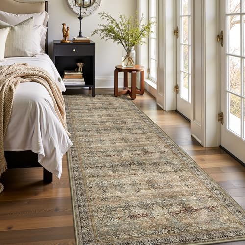 2x8 Hallway Runner Rug, Washable Vintage Retro Long Runner Rugs for Kitchen Laundry, Soft Ultra Thin Non Slip Low Pile Traditional Distressed Boho Carpet for Bedroom Bathroom, Charcoal Olive - color: B-charcoal / Olive, size: 2x8