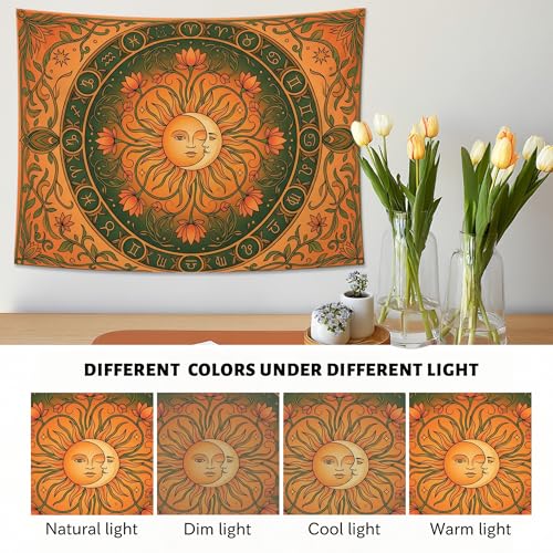 Water Lily and Sun Orange Green Tapestry, Floral Mandala Bohemian Decorative Wall Hanging, Aesthetic Tapestries for Living Room, Bedroom, Meditation 48x36 Inch - size: 48x36 Inch