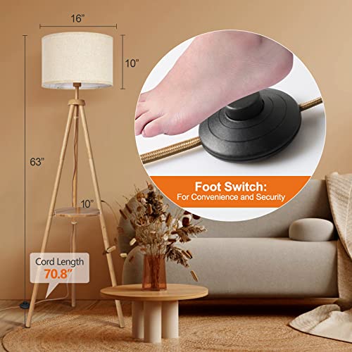 OUTON Wood Tripod Floor Lamp with Shelves, Mid Century Floor Lamp with Remote Control,4 Color Temperature, LED Modern Dimmable Standing Lamp with Beige Linen Shade for Living Room, Bedroom, Office - color: Wood