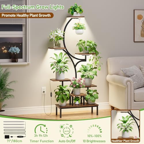 Plant Stand Indoor with Grow Lights - 7-Tier Indoor Plant Shelf with Elevated Base & Hanging Hook, 63" Corner Plants Stands for Multiple Plant Sizes, Multi-Tiered Lighted Rack for Living Room, Black