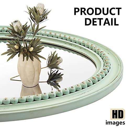 H HOMEWINS Oval Wood Rustic Mirror,20x30 Wooden Oval Decorative Mirrors,Farmhouse Wall-Mounted Green Beads Decor Mirror for Bedroom, Bathroom, Living Room,Vanity - color: Green, size: 30"L x 20"W