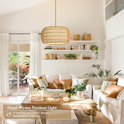 18 inch Natural 3 Light Rattan Chandelier Rattan Farmhouse Light Fixture Woven Pendant Lights Fabric Shade Boho Chandelier for Kitchen Dinning Room - color: 18"-Natural-Drum