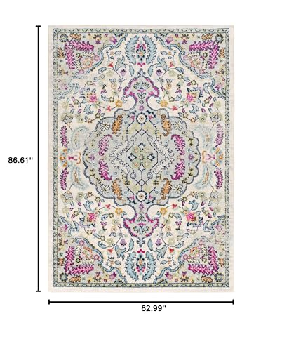 Hauteloom Errol Living Room, Bedroom Area Rug - Medallion Floral Border Distressed Damask - Traditional Oriental Turkish Boho Transitional - Pink, Aqua, Light Slate, Cream, Teal - 5'3" x 7'3" - color: Pink, Aqua, Light Slate / Errol, size: 5'3" x 7'3" (Re