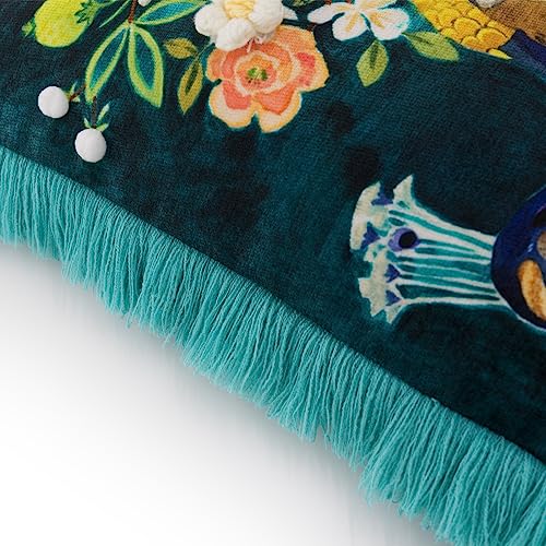 JWH Blue Green Peacock Throw Pillow Cover Flower Print Pillow Case Decorative Chenille Flowers Cushion Tassel Pillowcase for Bed Living Room Chair 14x20 Inch
