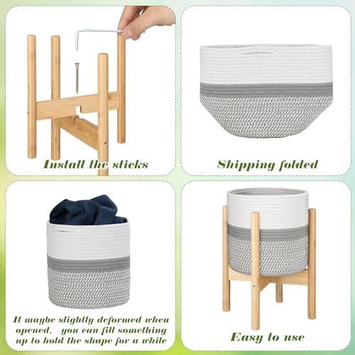 Plant Basket with Stand Indoor Planter Pot Holder Sturdy Jute Rope Modern Woven Basket, Cotton Rope Woven Pot with Bamboo Stand(10 Inch,White and Gray) - color: White and Gray, size: 10 Inch