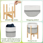 Plant Basket with Stand Indoor Planter Pot Holder Sturdy Jute Rope Modern Woven Basket, Cotton Rope Woven Pot with Bamboo Stand(10 Inch,White and Gray) - color: White and Gray, size: 10 Inch