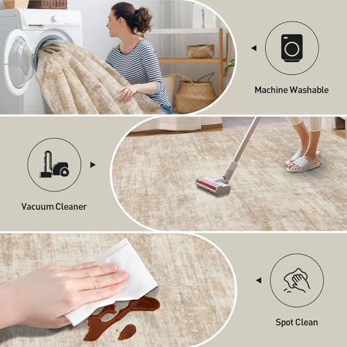 8x10 Area Rugs Washable Rug: Modern Abstract Living Room Rug Soft Anti-Skid Thin Carpet Indoor Floor Non-Shedding Carpets for Bedroom Dining Room Farmhouse Nursery Home Office Beige - color: Beige, size: 8' x 10' (Rectangular)