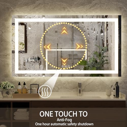 XRAMFY 55'' x 30'' LED Bathroom Mirror with Lights, Wall Mirror with Front and Backlight, 3 Colors Vanity Mirror with Lights, Anti-Fog Wall Mirror for Bathroom - size: 55"L x 30"W