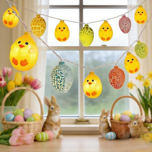 LED Easter Yellow Chicks Cracked Egg String Lights, 8.5Ft Plug in Eggs Lights Indoor Easter Decorations, 10 Multicolor Easter Fairy Lights for Outdoor Party Birthday Garden Spring Home Decor for Kids - color: Multicolor Egg Chick