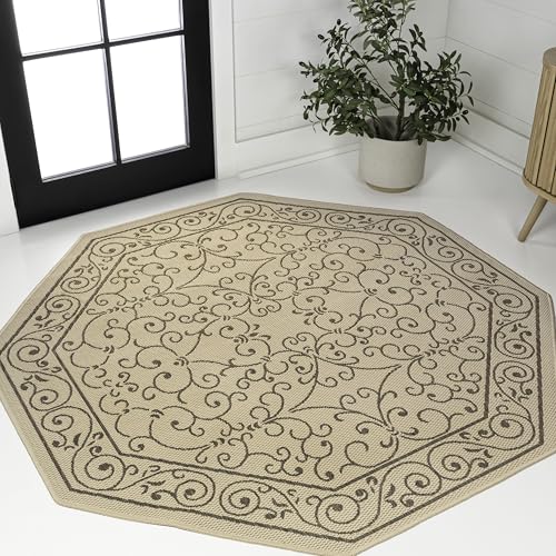 JONATHAN Y Vintage Filigree Indoor Outdoor Octagon Area Rug 5 Ft Beige/Brown, Charleston Textured Weave for Backyard, Patio, Porch, Easy-Cleaning, High Traffic, Pet-Friendly Non-Shedding SMB106A-5TGN - color: Beige/Brown, size: 5'3" x 5'3" (Octagonal)