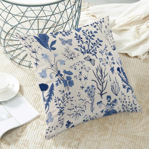 AEIOAE Summer Pillow Covers 16x16 Inch Set of 2,Navy Blue Wild Flower Plant Throw Pillows Case,Seasonal Floral Outdoor Decorative Square Linen Farmhouse Decor Cushion Covers for Home Couch Sofa Bed - color: Navy Blue Wild Floral, size: 16" x 16" (Pack of