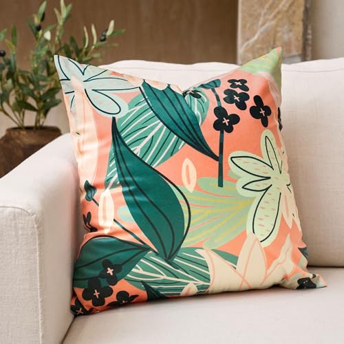 Tyrot Boho Floral Velvet Throw Pillow Covers 20x20 Inch Set of 2 Farmhouse Cushion Covers Mid Century Modern Botanical Home Decor Accent Pillow Cases for Couch Bed Sofa Living Room, Bedroom, Coral - color: Coral Breeze, size: 20" x 20" (Pack of 2)