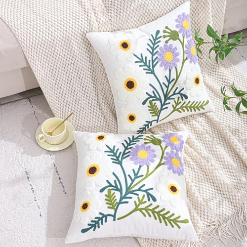 Embroidered Throw Pillow Covers 18x18 Pack of 2 Floral Pillow Covers Farmhouse Pillow Case Outdoor Garden Cushion Case Summer Decorations for Home (Purple and White Flower) - color: Purple-white Flower