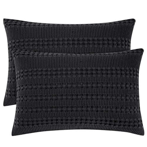 PHF 100% Cotton Waffle Pillow Shams Standard Size, 2 Pack 20" x 26" Soft Skin-Friendly Pillowcases, No Filling, Aesthetic Woven and Breathable Waffle Weave Pillow Case Covers for Bed, Black - color: Black, size: 26" x 20" (Pack of 2)