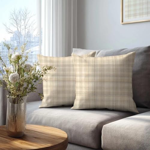 Plaid Throw Pillow Covers 18x18 Set of 2 | Beige Cream Decorative Cushion Covers | Neutral Farmhouse Pillow Cases for Couch Sofa Bed Living Room - color: Grid Lines