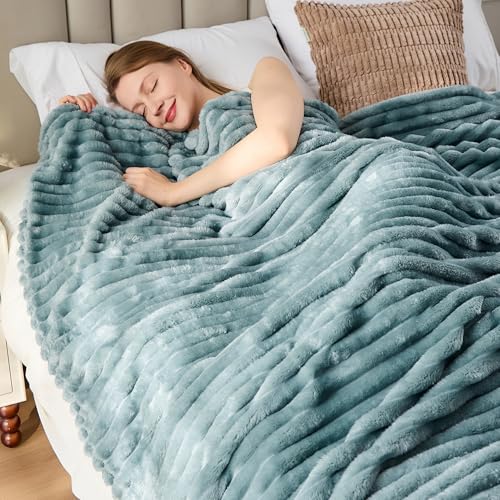 Dusty Blue Striped Throw Blanket, 330GSM Soft Plush Fleece Blanket for Couch Sofa Travel, Decorative Cozy Giftable Home Blanket, 50x60 Inches - color: Dusty Blue, size: Throw(50"x60")