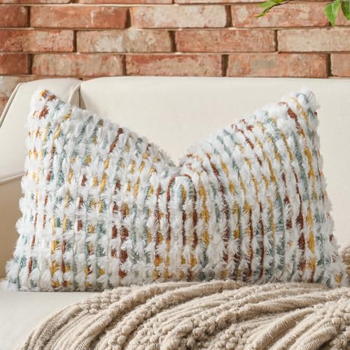AmHoo Boho Chenille Pillow Cover Decorative Tufted Pillowcase for Couch Bed Sofa Bedroom Living Room Modern 12 x 20-Inch Brown White - color: Brown White, size: 20" x 12" (Pack of 1)